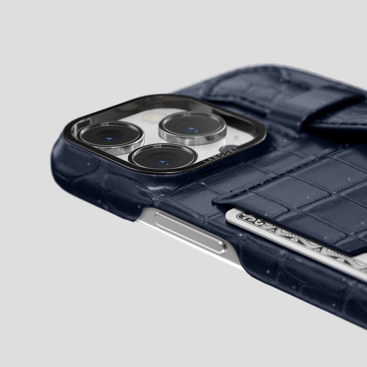Deep Blue Sea iPhone 15 Pro Max Cardholder Strap Case Porosus Crocodile with Black Metal -5 | Deep-Blue-Sea-Black