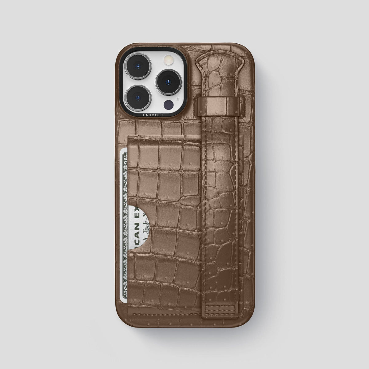 Fur-Brown iPhone 15 Pro Max Cardholder Strap Case Porosus Crocodile with Black Metal -1 | Fur-Brown-Black