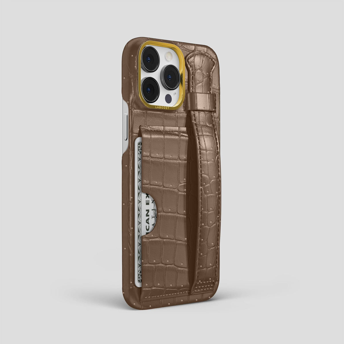 Fur-Brown iPhone 15 Pro Max Cardholder Strap Case Porosus Crocodile with Gold Metal -2 | Fur-Brown-Gold