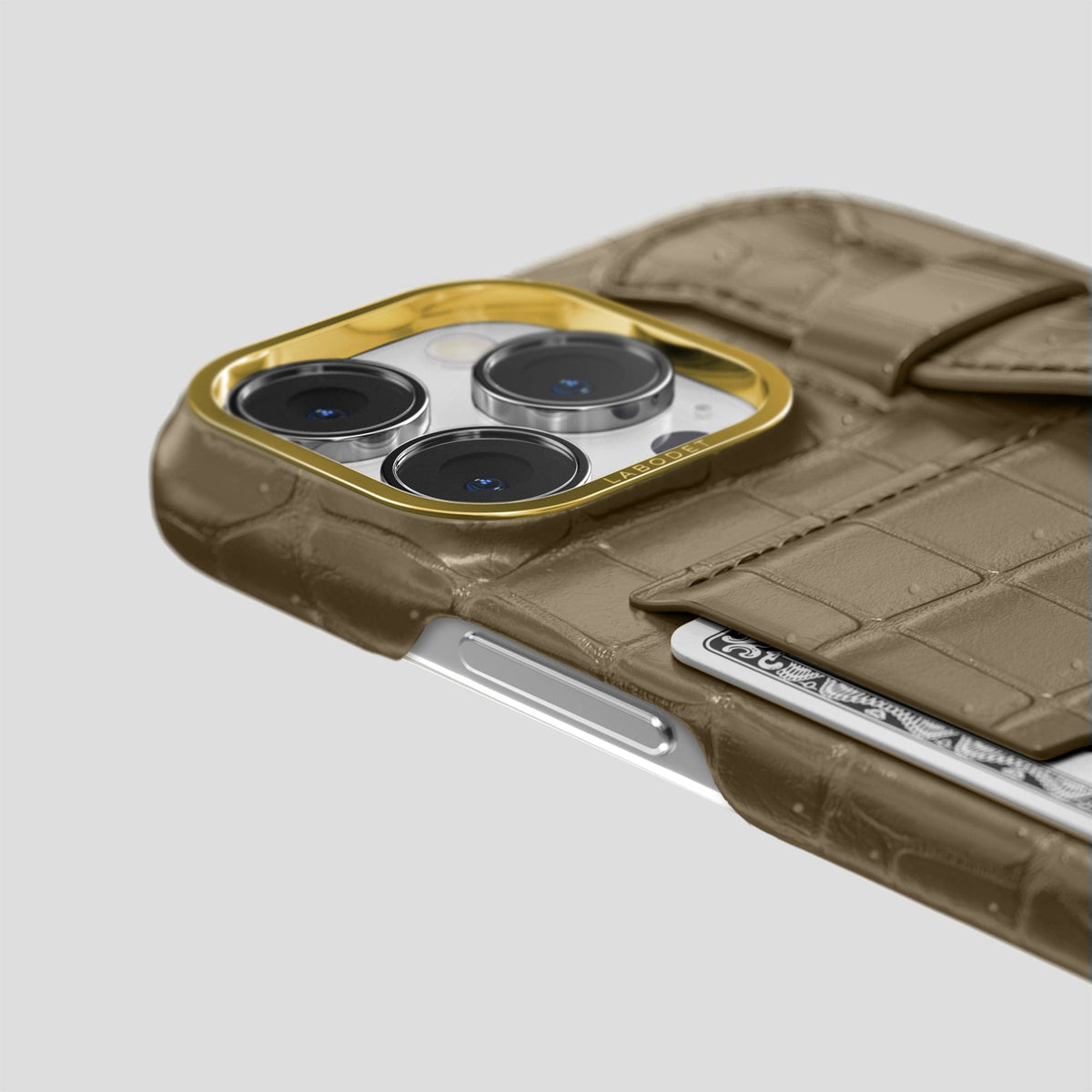 Kaki-Green iPhone 15 Pro Max Cardholder Strap Case Porosus Crocodile with Gold Metal -5 | Kaki-Green-Gold