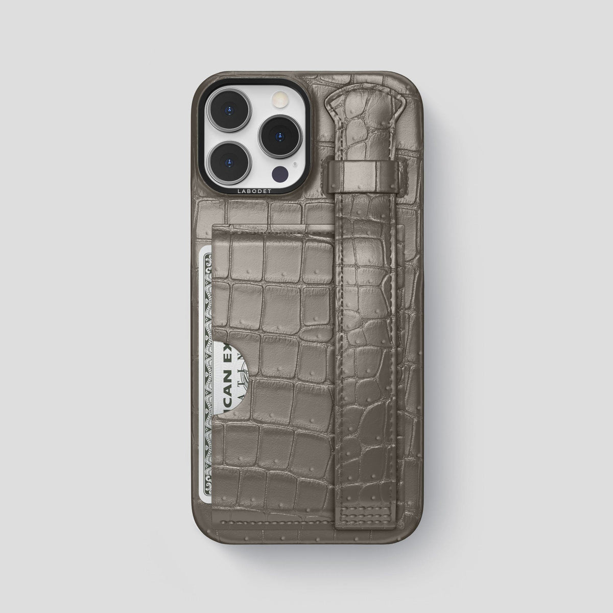 Lava-Stone iPhone 15 Pro Max Cardholder Strap Case Porosus Crocodile with Black Metal -1 | Lava-Stone-Black