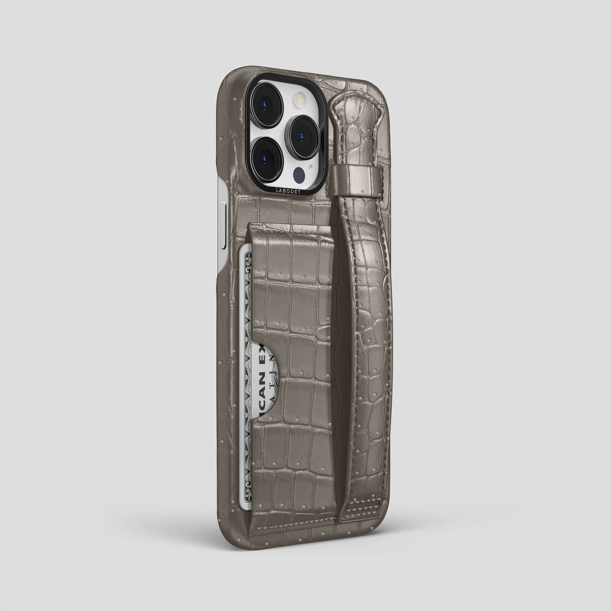 Lava-Stone iPhone 15 Pro Max Cardholder Strap Case Porosus Crocodile with Black Metal -2 | Lava-Stone-Black