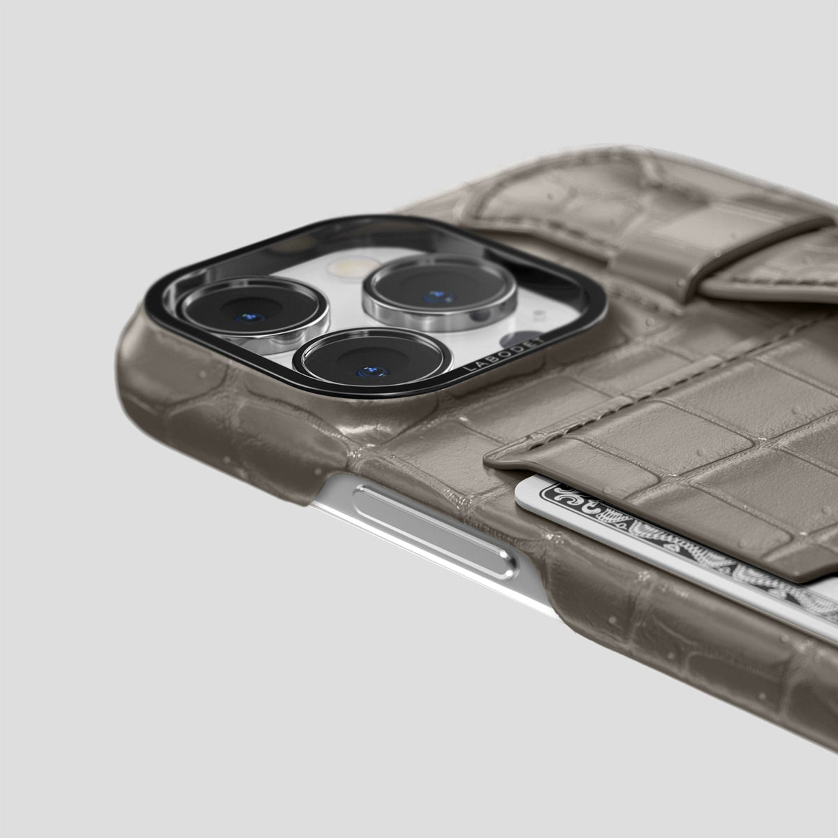 Lava-Stone iPhone 15 Pro Max Cardholder Strap Case Porosus Crocodile with Black Metal -5 | Lava-Stone-Black