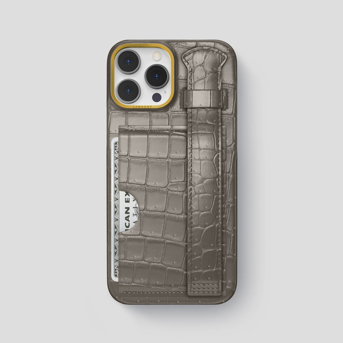 Lava-Stone iPhone 15 Pro Max Cardholder Strap Case Porosus Crocodile with Gold Metal -1 | Lava-Stone-Gold