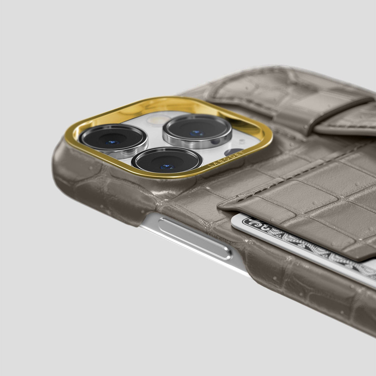 Lava-Stone iPhone 15 Pro Max Cardholder Strap Case Porosus Crocodile with Gold Metal -5 | Lava-Stone-Gold