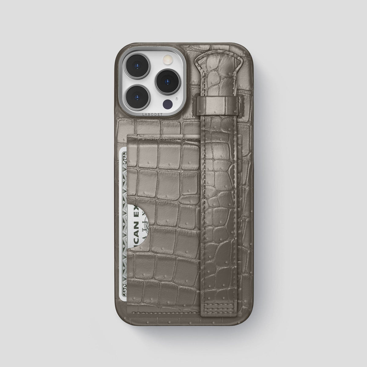 Lava-Stone iPhone 15 Pro Max Cardholder Strap Case Porosus Crocodile with Steel Metal -1 | Lava-Stone-Steel