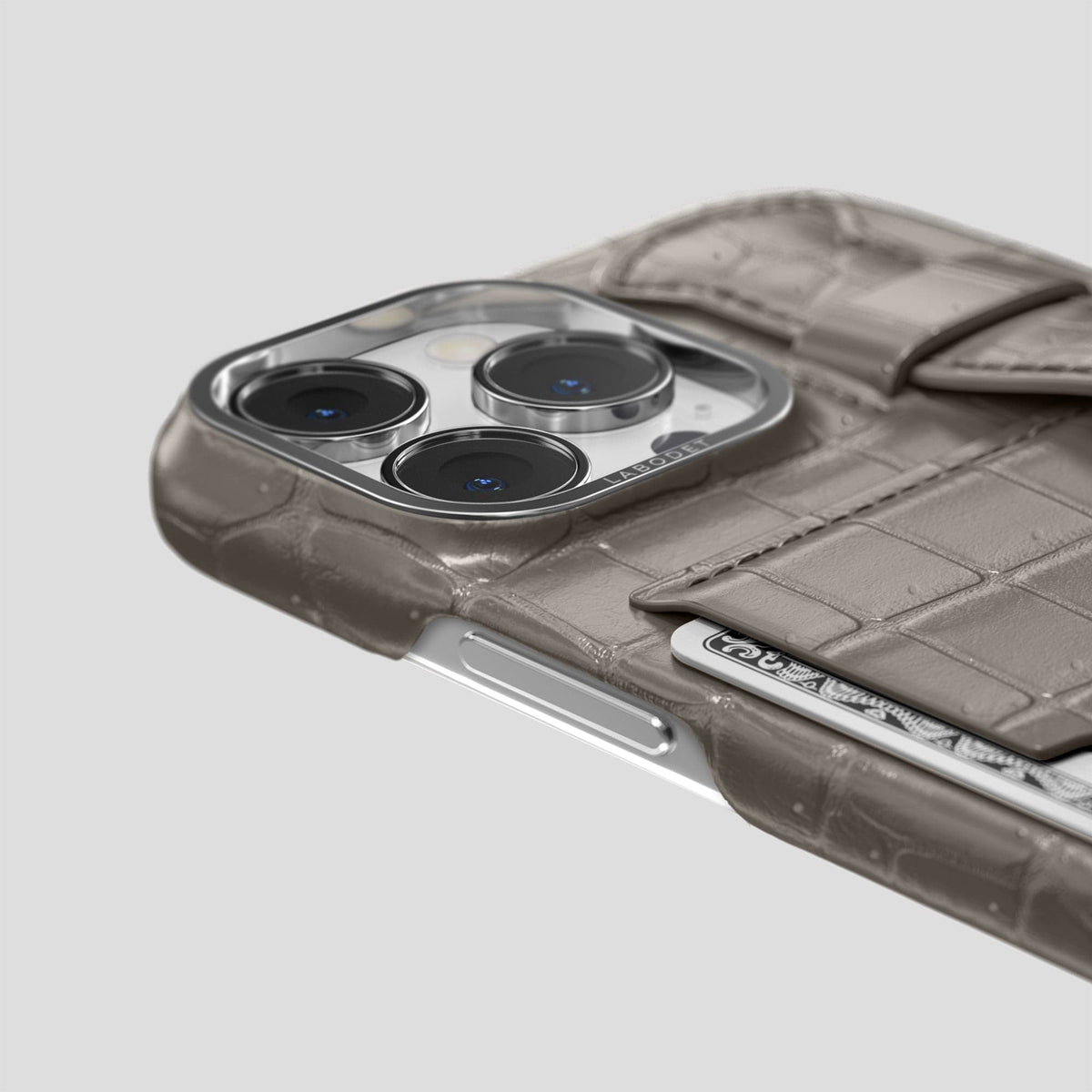 Lava-Stone iPhone 15 Pro Max Cardholder Strap Case Porosus Crocodile with Steel Metal -5 | Lava-Stone-Steel