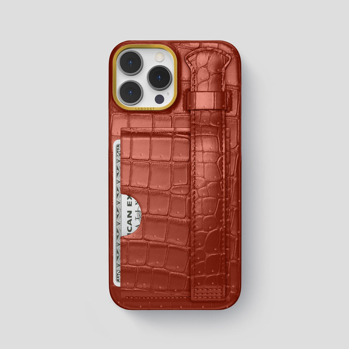 Mahogany-Brown iPhone 15 Pro Max Cardholder Strap Case Porosus Crocodile with Gold Metal -1 | Mahogany-Brown-Gold