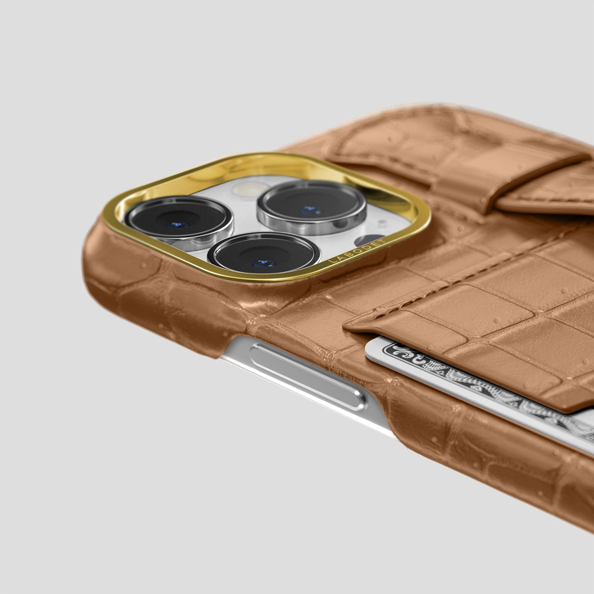 Milk-Chocolate iPhone 15 Pro Max Cardholder Strap Case Porosus Crocodile with Gold Metal -5 | Milk-Chocolate-Gold