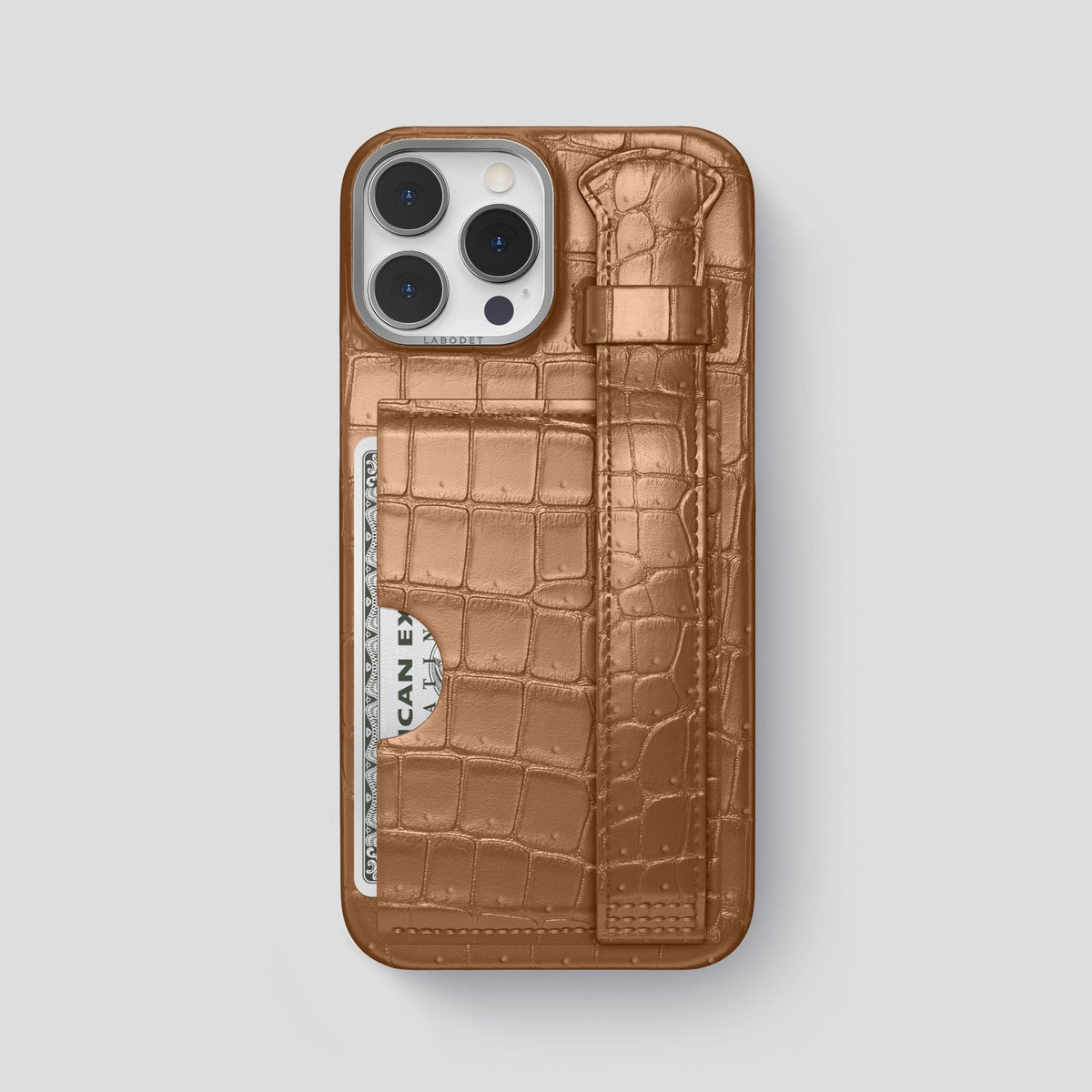 Milk-Chocolate iPhone 15 Pro Max Cardholder Strap Case Porosus Crocodile with Steel Metal -1 | Milk-Chocolate-Steel