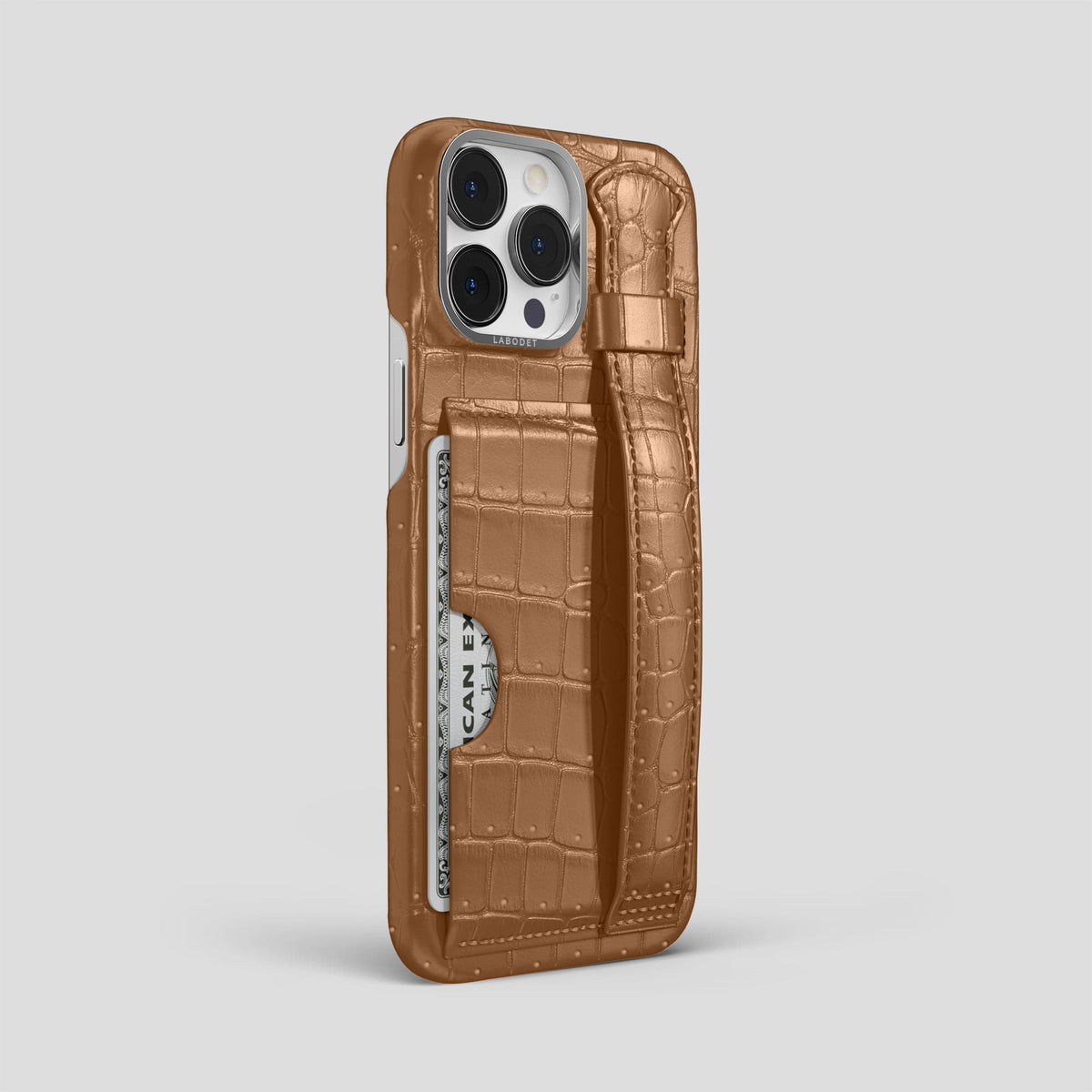 Milk-Chocolate iPhone 15 Pro Max Cardholder Strap Case Porosus Crocodile with Steel Metal -2 | Milk-Chocolate-Steel