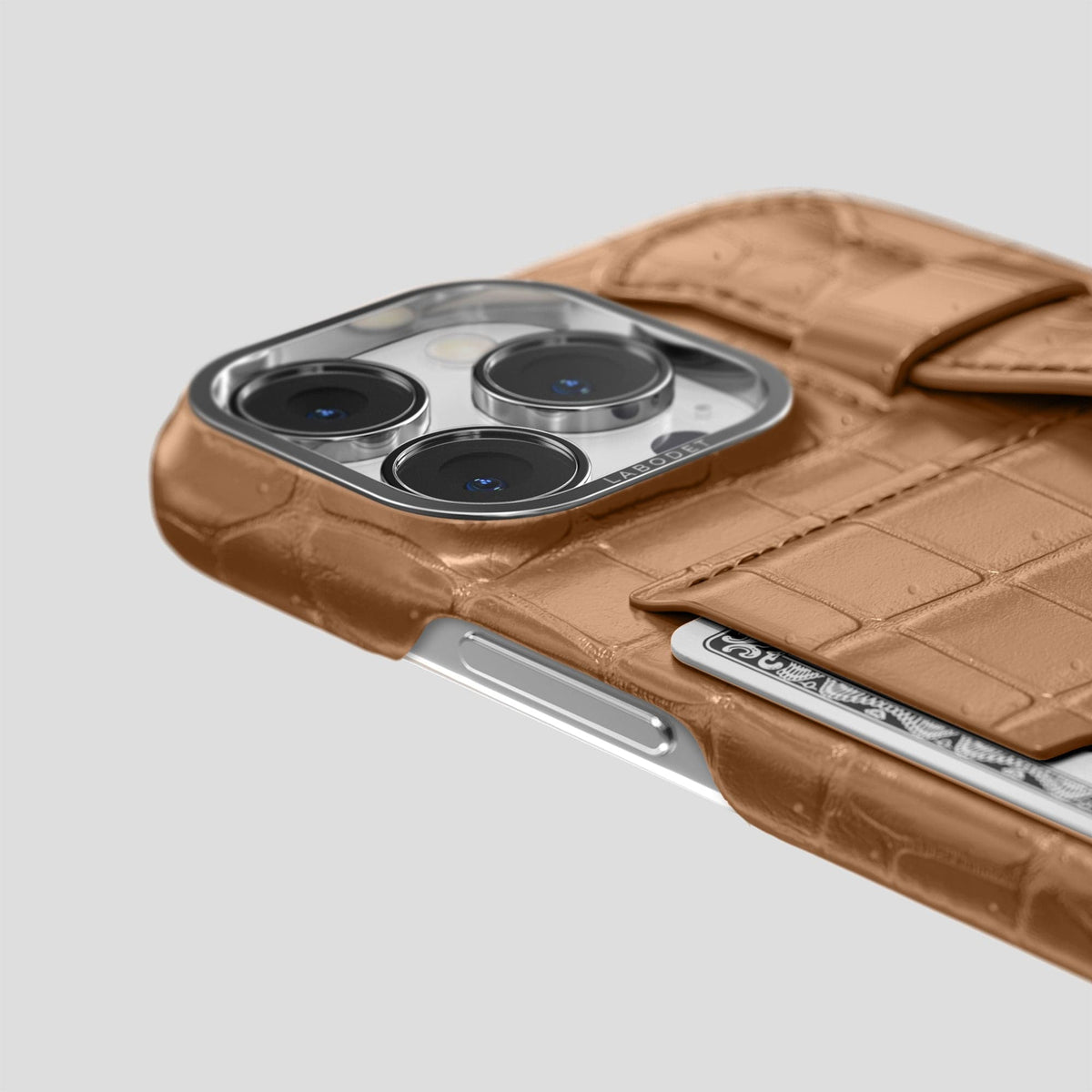 Milk-Chocolate iPhone 15 Pro Max Cardholder Strap Case Porosus Crocodile with Steel Metal -5 | Milk-Chocolate-Steel