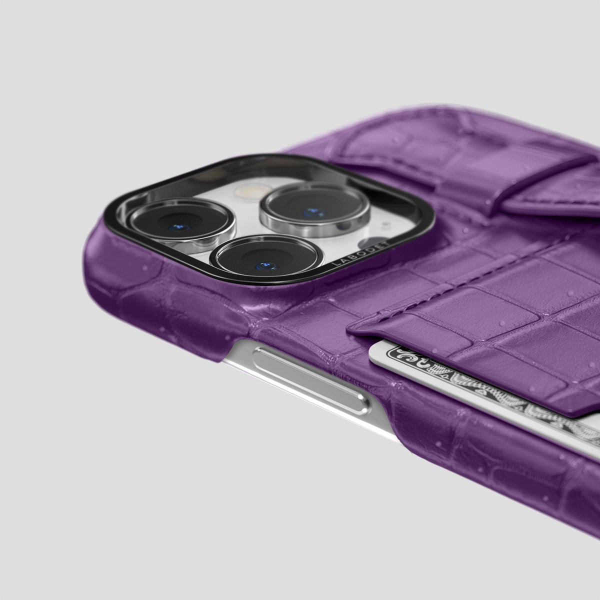 Purple iPhone 15 Pro Max Cardholder Strap Case Porosus Crocodile with Black Metal -5 | Purple-Black