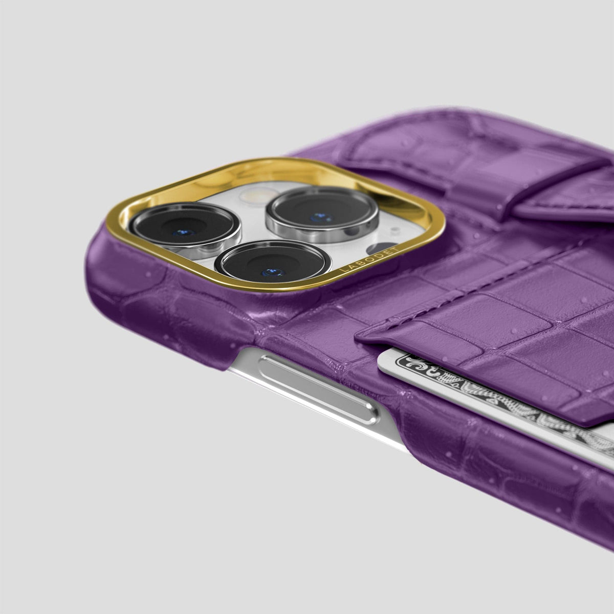 Purple iPhone 15 Pro Max Cardholder Strap Case Porosus Crocodile with Gold Metal -5 | Purple-Gold