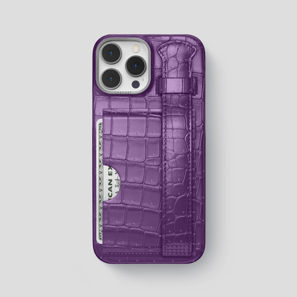 Purple iPhone 15 Pro Max Cardholder Strap Case Porosus Crocodile with Steel Metal -1 | Purple-Steel