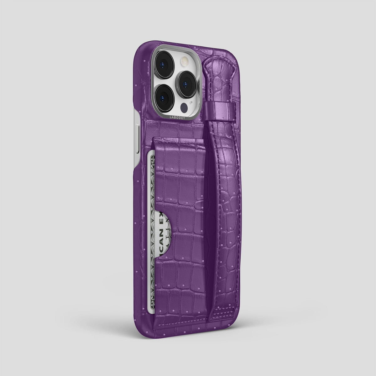 Purple iPhone 15 Pro Max Cardholder Strap Case Porosus Crocodile with Steel Metal -2 | Purple-Steel