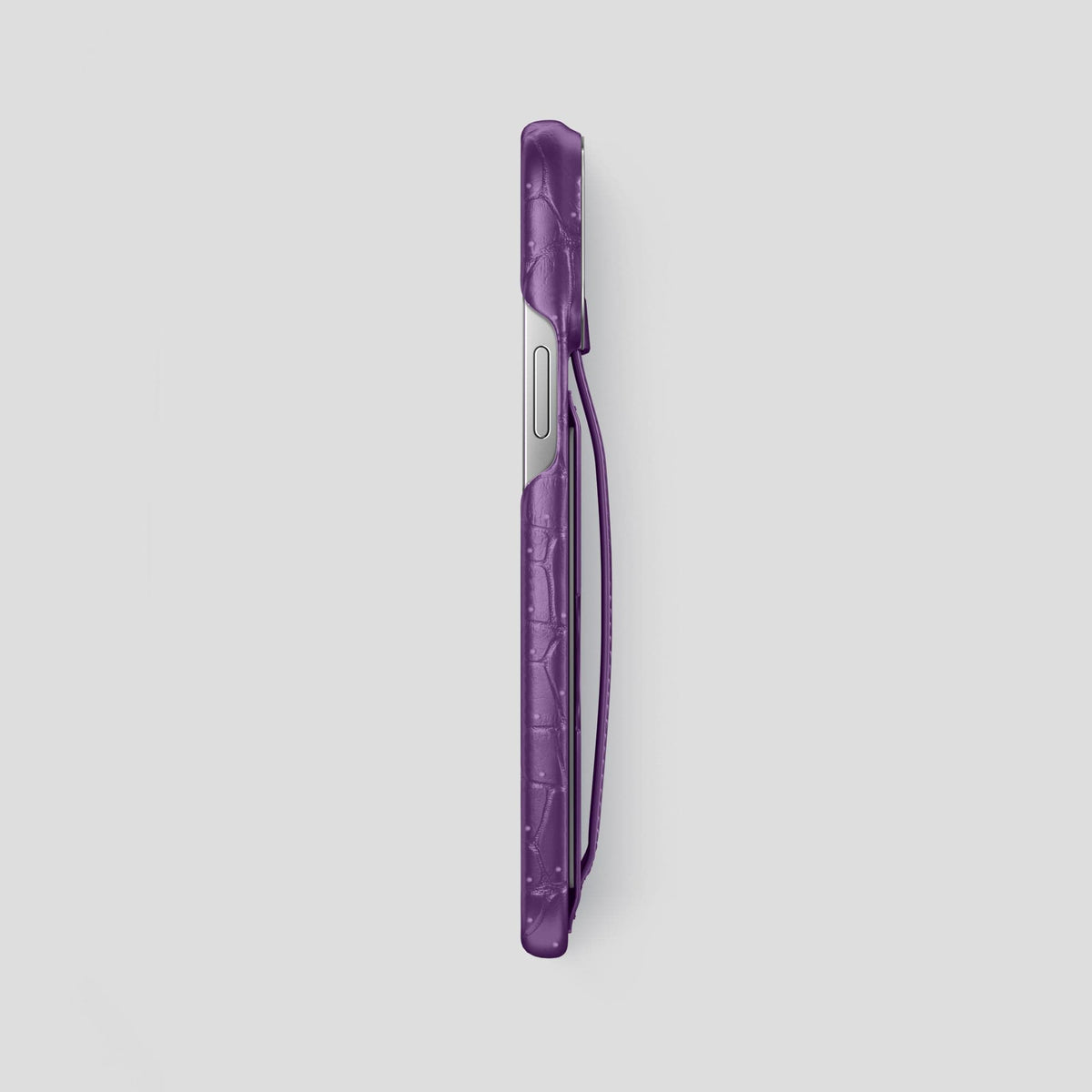Purple iPhone 15 Pro Max Cardholder Strap Case Porosus Crocodile with Steel Metal -3 | Purple-Steel