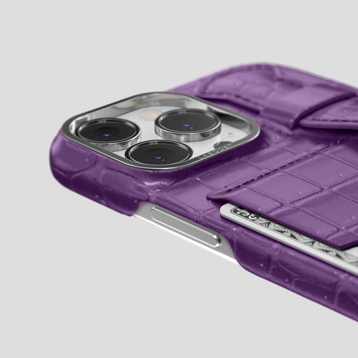 Purple iPhone 15 Pro Max Cardholder Strap Case Porosus Crocodile with Steel Metal -5 | Purple-Steel