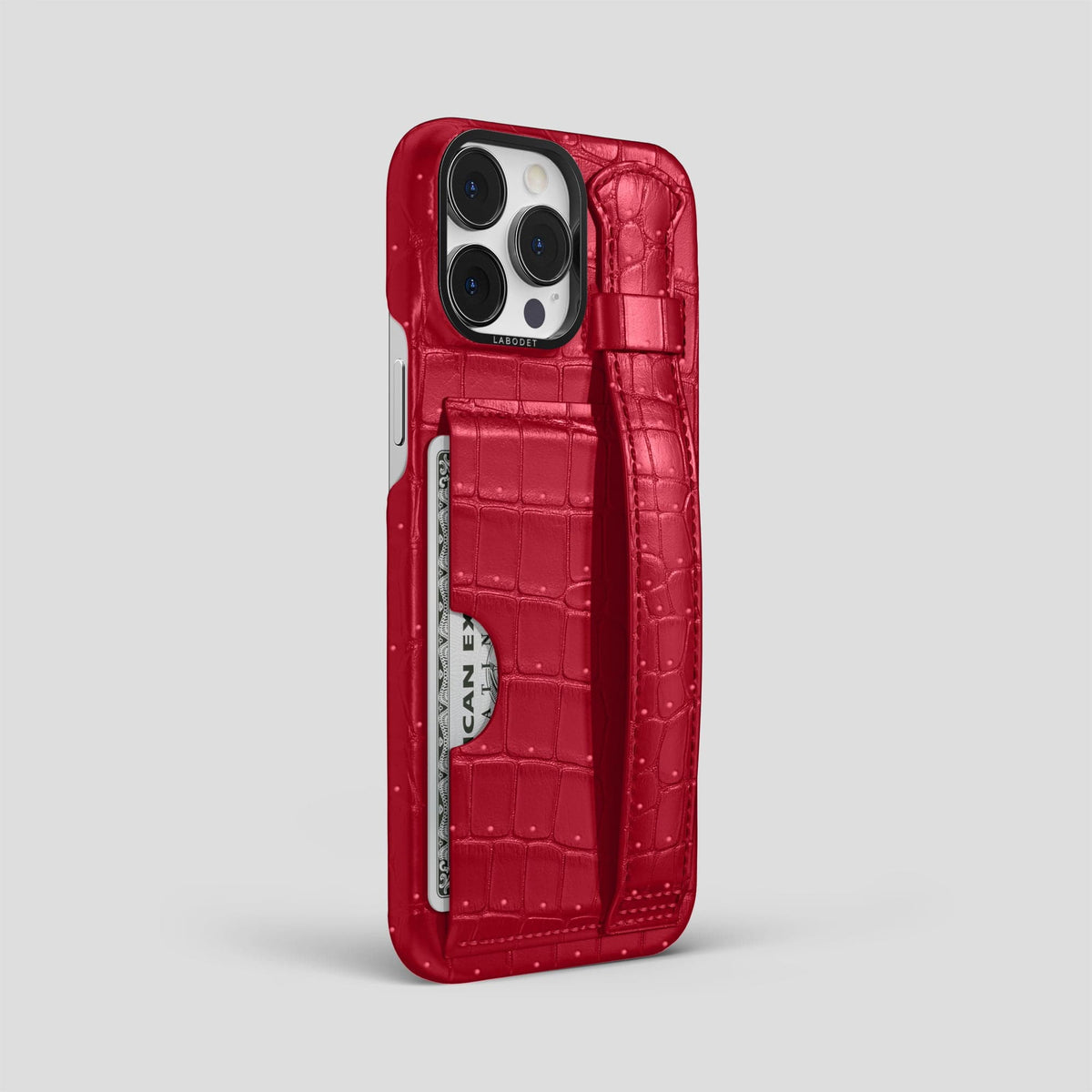 Burgundy iPhone 15 Pro Max Cardholder Strap Case Porosus Crocodile with Black Metal -2 | Burgundy-Black