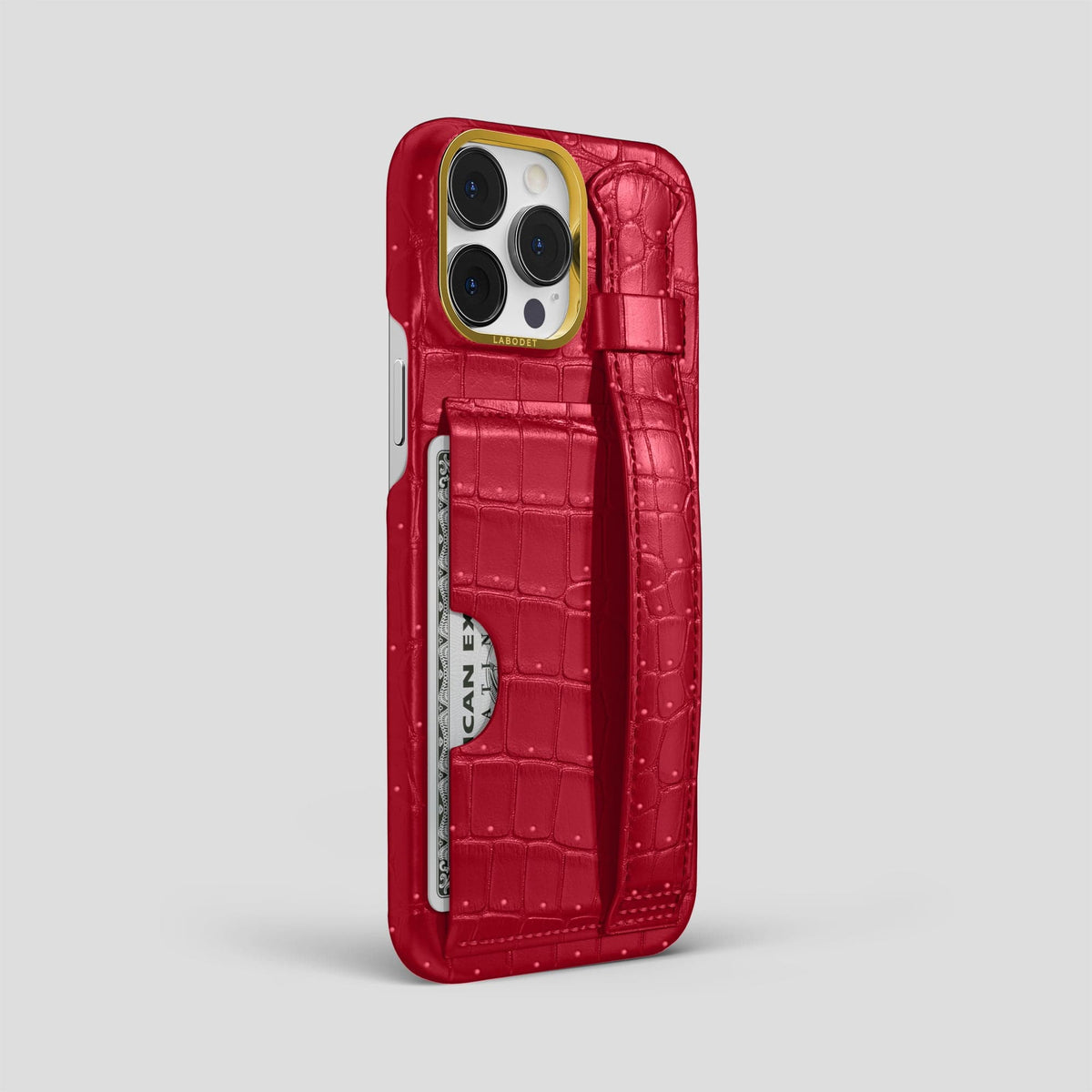 Burgundy iPhone 15 Pro Max Cardholder Strap Case Porosus Crocodile with Gold Metal -2 | Burgundy-Gold