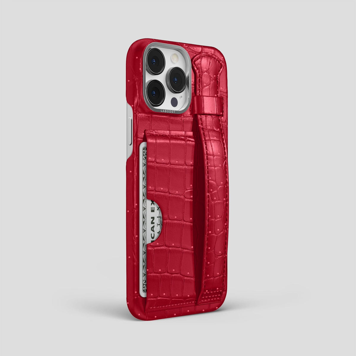 Burgundy iPhone 15 Pro Max Cardholder Strap Case Porosus Crocodile with Steel Metal -2 | Burgundy-Steel