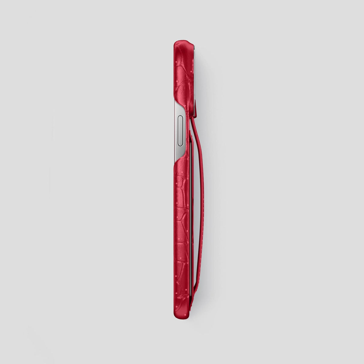 Burgundy iPhone 15 Pro Max Cardholder Strap Case Porosus Crocodile with Steel Metal -3 | Burgundy-Steel