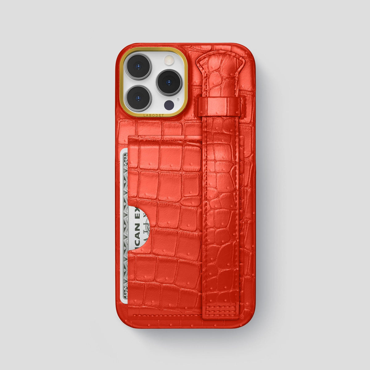 Rust iPhone 15 Pro Max Cardholder Strap Case Porosus Crocodile with Gold Metal -1 | Rust-Gold