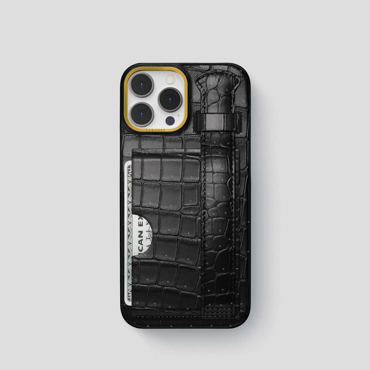 Black iPhone 15 Pro Cardholder Strap Case Porosus Crocodile with Gold Metal -1 | Black-Gold