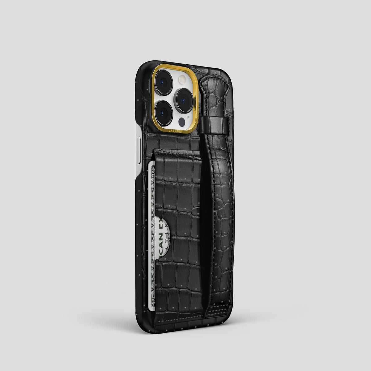 Black iPhone 15 Pro Cardholder Strap Case Porosus Crocodile with Gold Metal -2 | Black-Gold