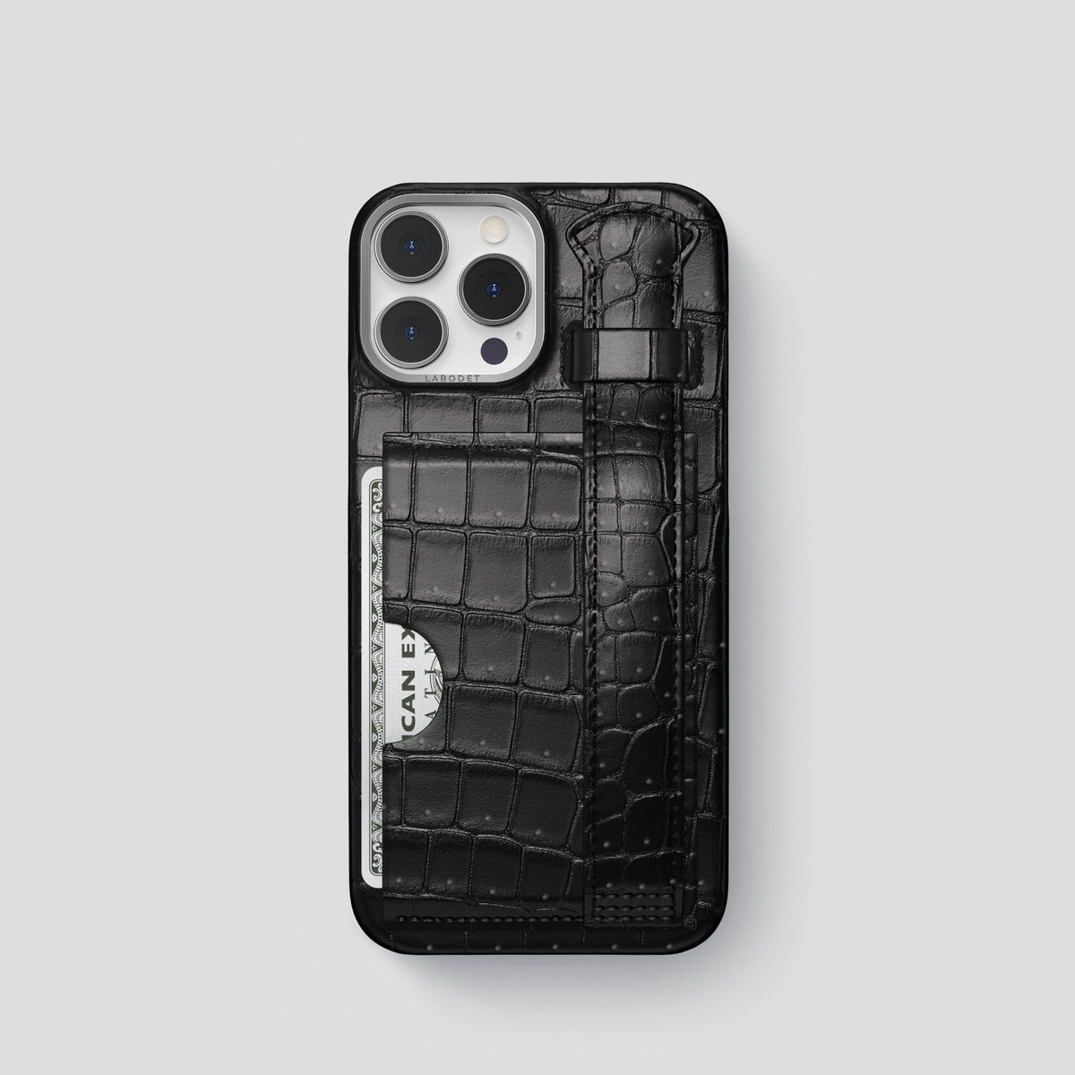 Black iPhone 15 Pro Cardholder Strap Case Porosus Crocodile with Steel Metal -1 | Black-Steel