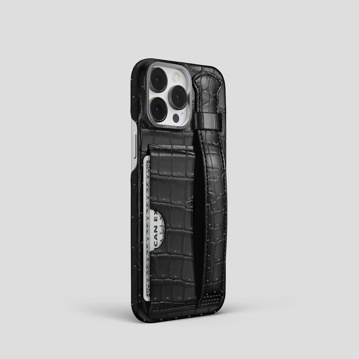 Black iPhone 15 Pro Cardholder Strap Case Porosus Crocodile with Steel Metal -2 | Black-Steel