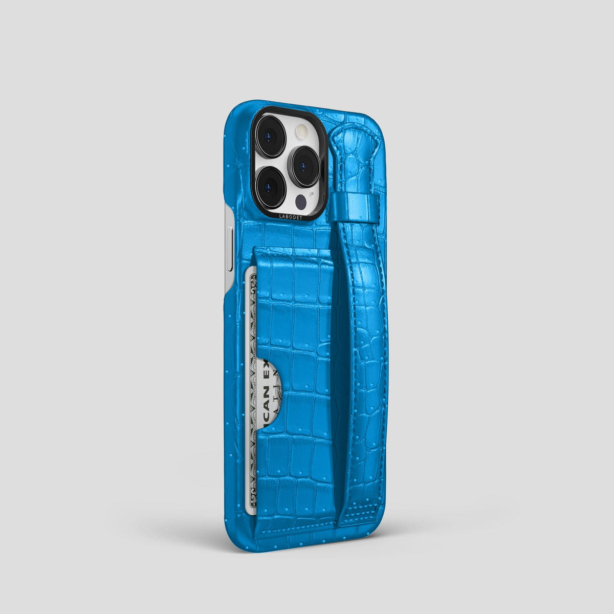 Blue-Lagoon iPhone 15 Pro Cardholder Strap Case Porosus Crocodile with Black Metal -2 | Blue-Lagoon-Black