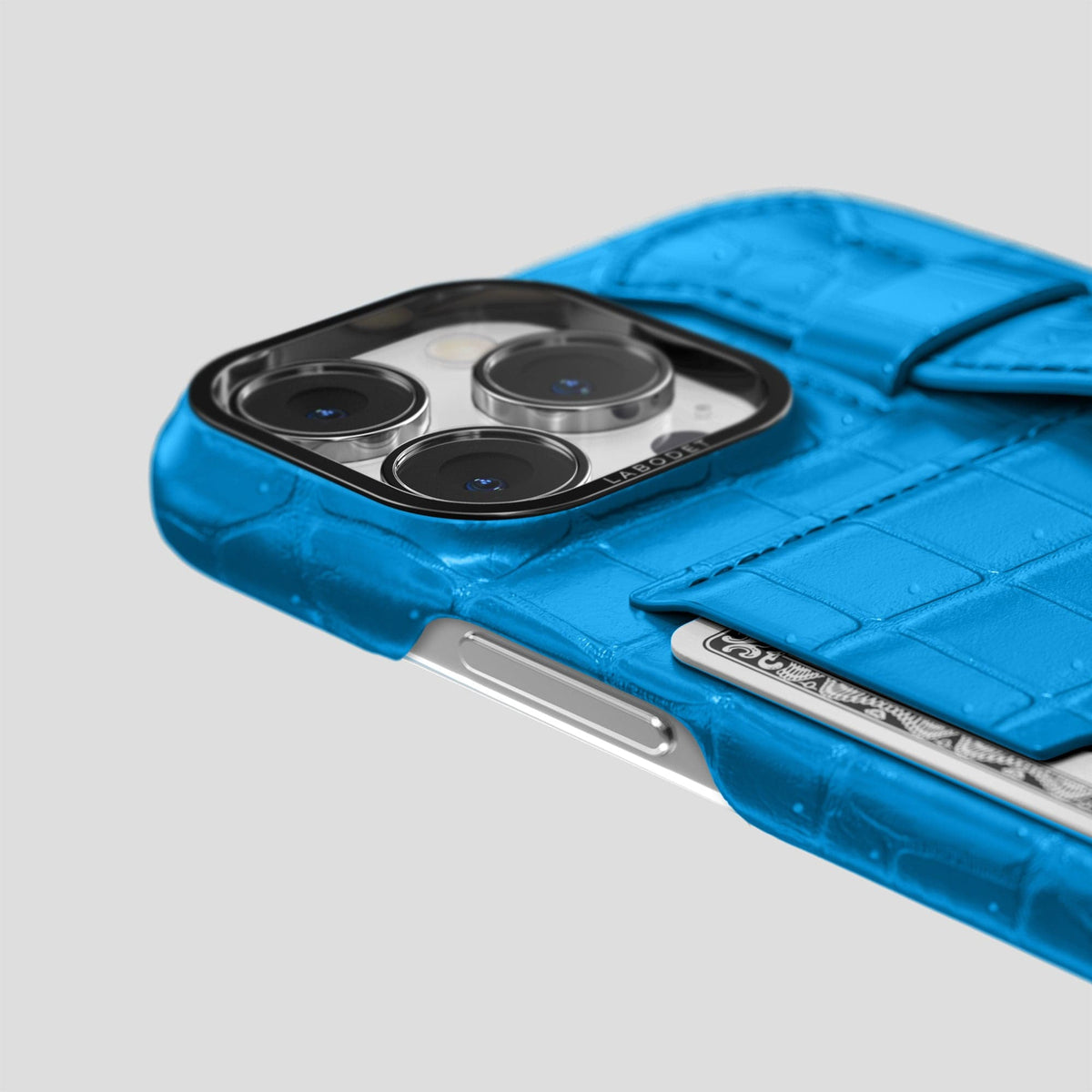 Blue-Lagoon iPhone 15 Pro Cardholder Strap Case Porosus Crocodile with Black Metal -5 | Blue-Lagoon-Black
