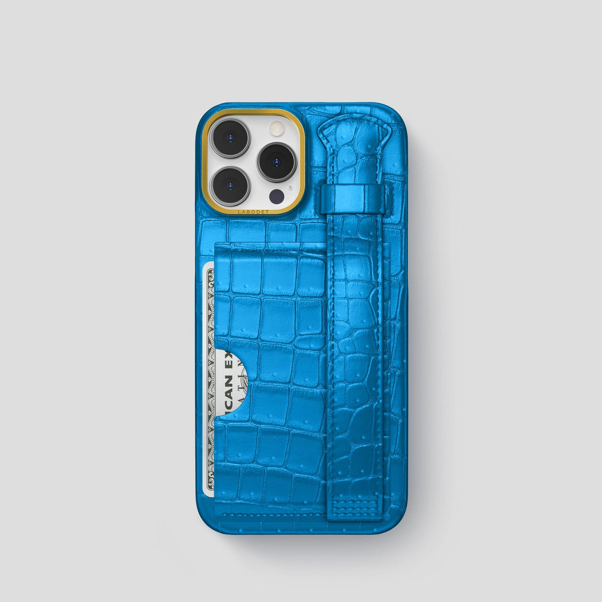 Blue-Lagoon iPhone 15 Pro Cardholder Strap Case Porosus Crocodile with Gold Metal -1 | Blue-Lagoon-Gold