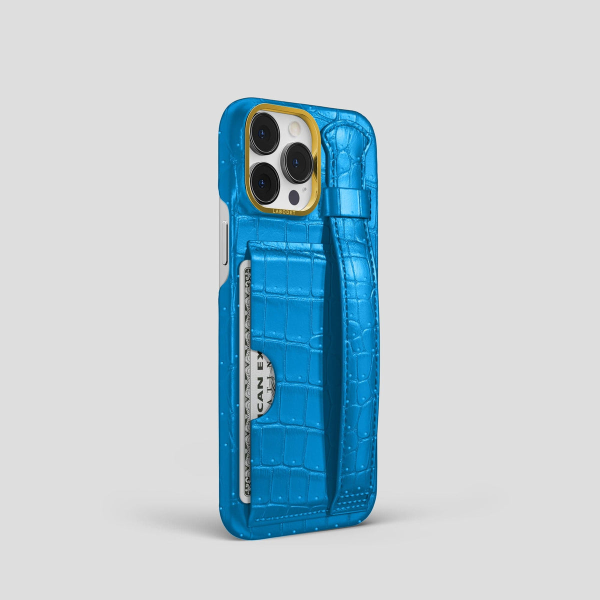 Blue-Lagoon iPhone 15 Pro Cardholder Strap Case Porosus Crocodile with Gold Metal -2 | Blue-Lagoon-Gold