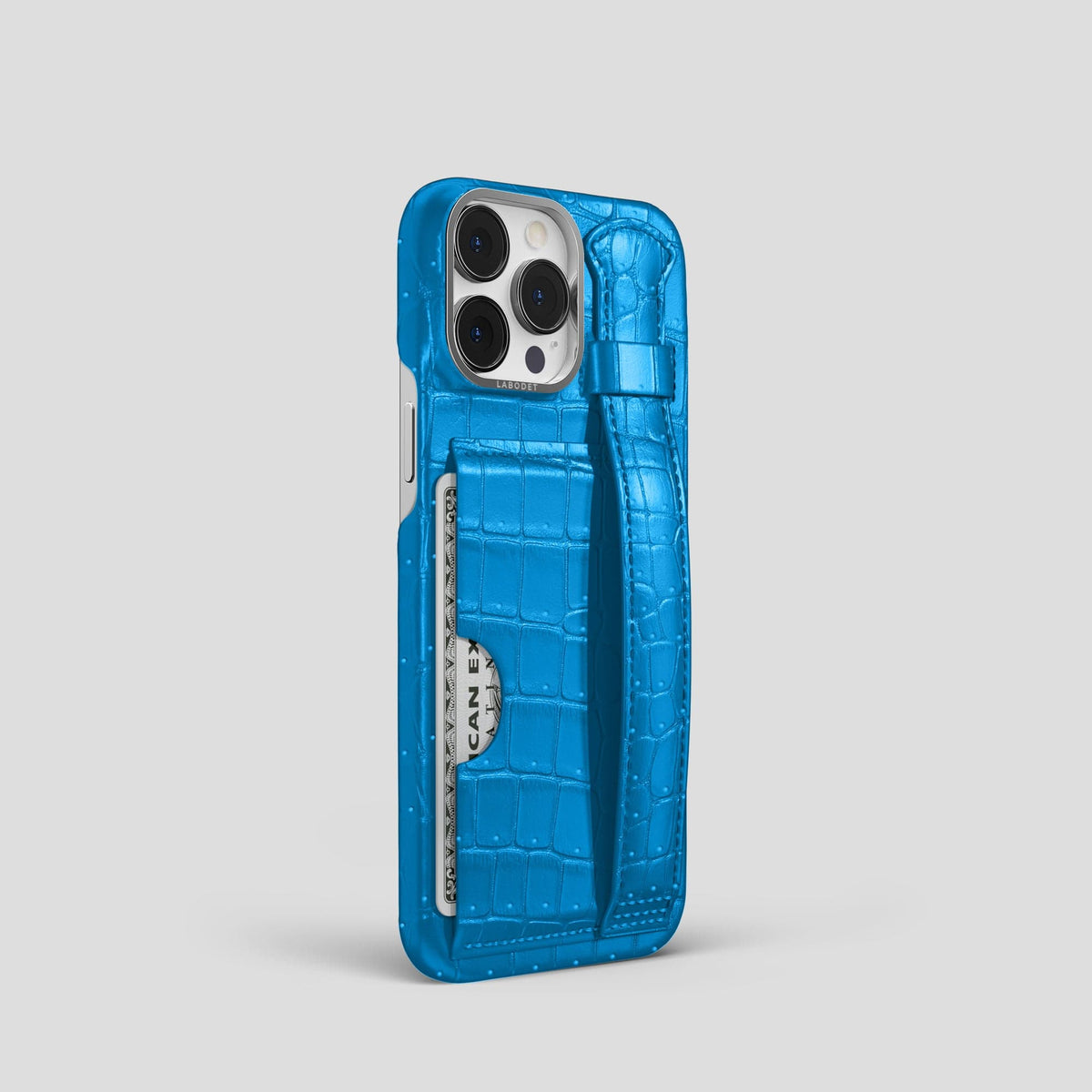 Blue-Lagoon iPhone 15 Pro Cardholder Strap Case Porosus Crocodile with Steel Metal -2 | Blue-Lagoon-Steel