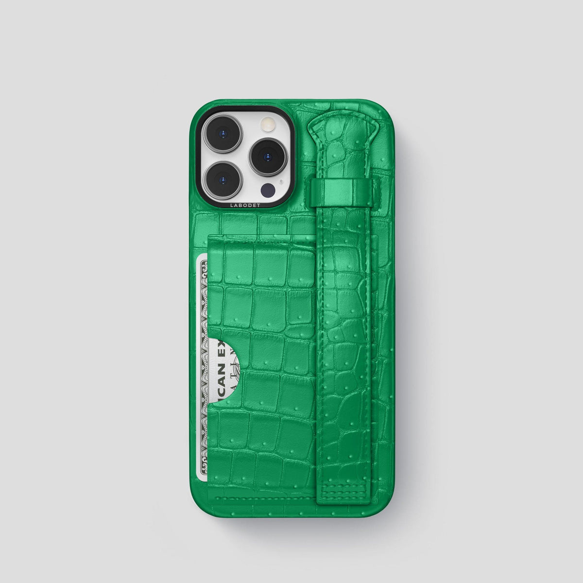 Cactus-Green iPhone 15 Pro Cardholder Strap Case Porosus Crocodile with Black Metal -1 | Cactus-Green-Black