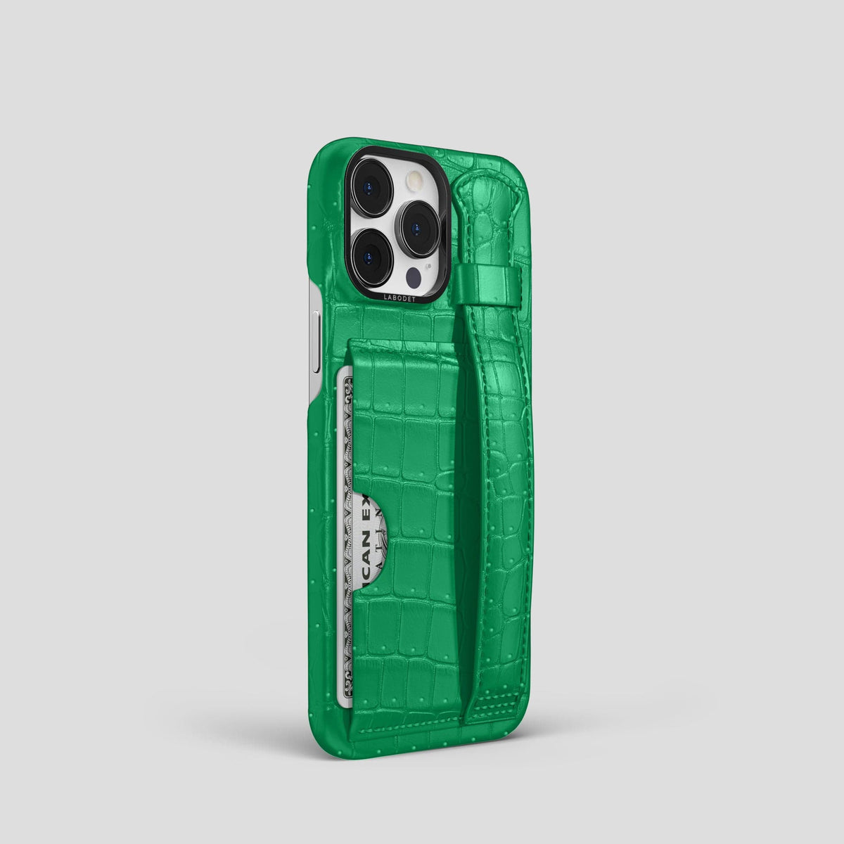 Cactus-Green iPhone 15 Pro Cardholder Strap Case Porosus Crocodile with Black Metal -2 | Cactus-Green-Black