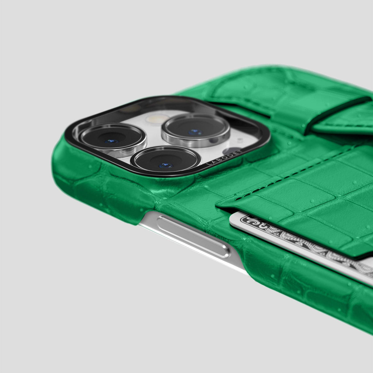 Cactus-Green iPhone 15 Pro Cardholder Strap Case Porosus Crocodile with Black Metal -5 | Cactus-Green-Black