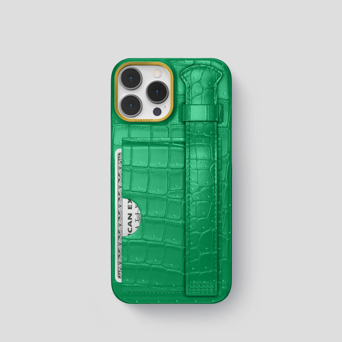 Cactus-Green iPhone 15 Pro Cardholder Strap Case Porosus Crocodile with Gold Metal -1 | Cactus-Green-Gold