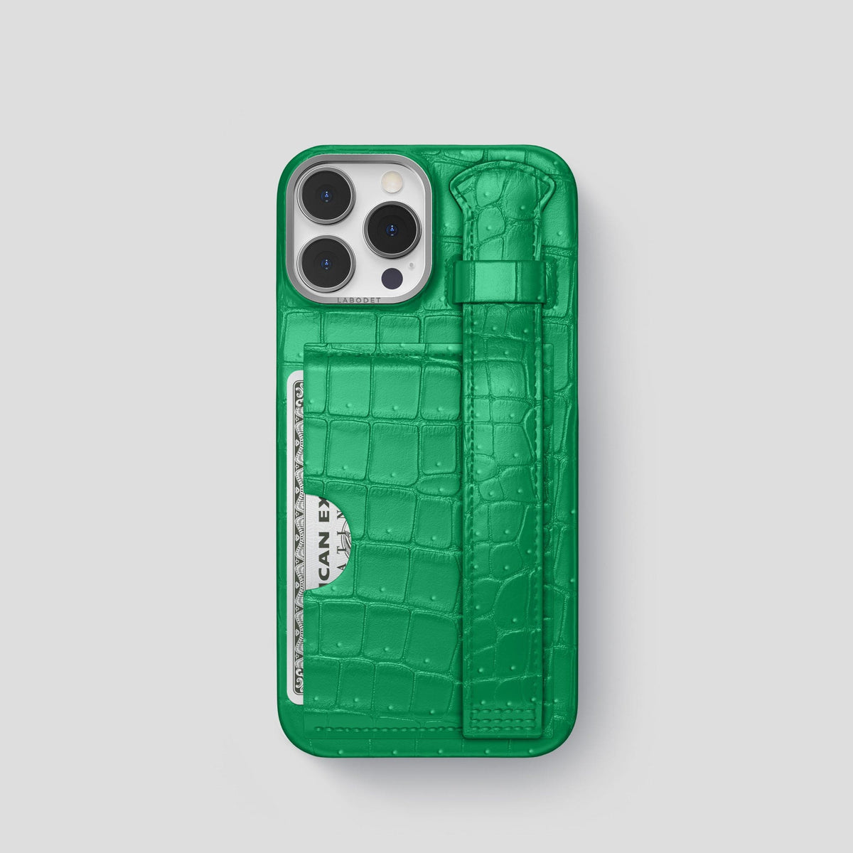 Cactus-Green iPhone 15 Pro Cardholder Strap Case Porosus Crocodile with Steel Metal -1 | Cactus-Green-Steel