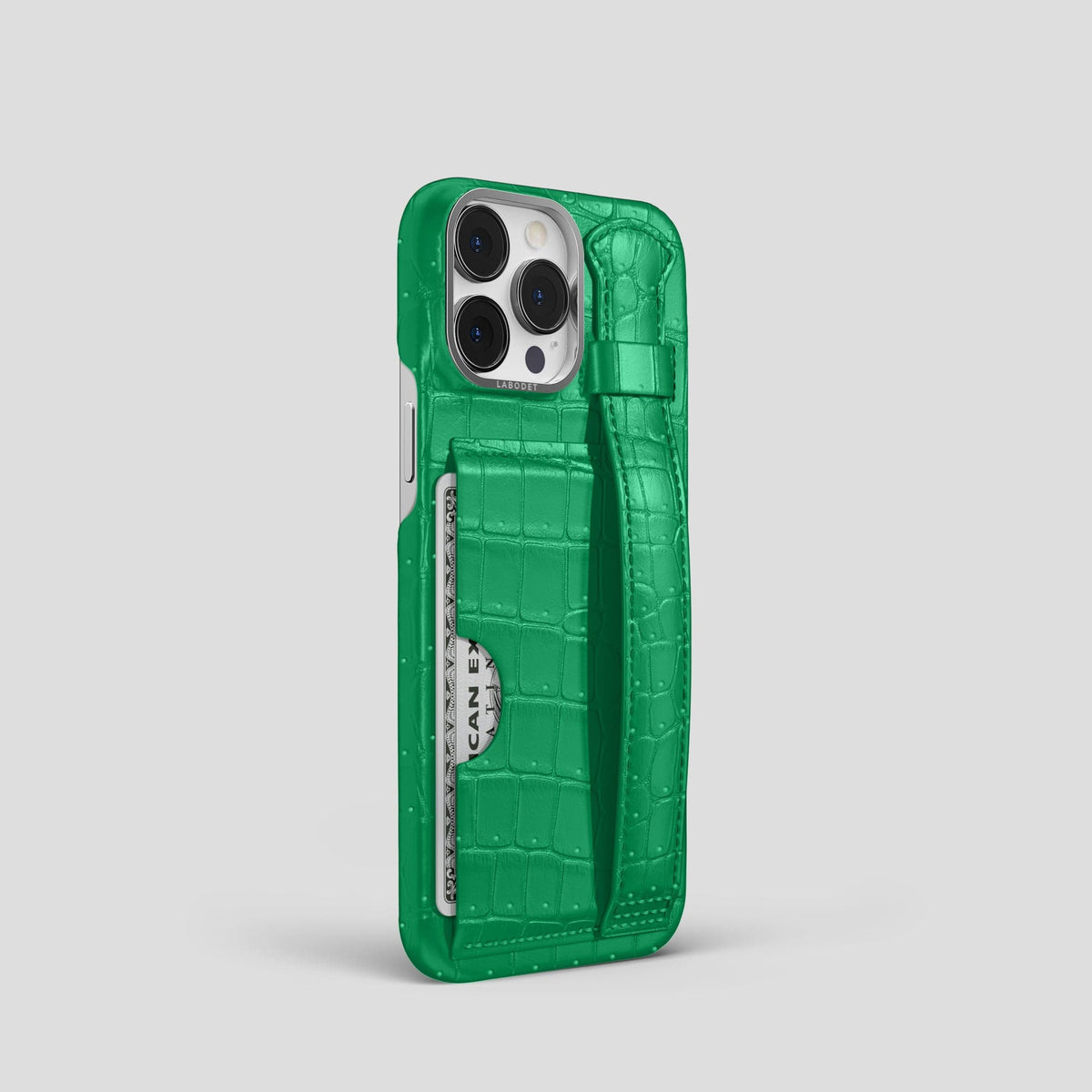 Cactus-Green iPhone 15 Pro Cardholder Strap Case Porosus Crocodile with Steel Metal -2 | Cactus-Green-Steel