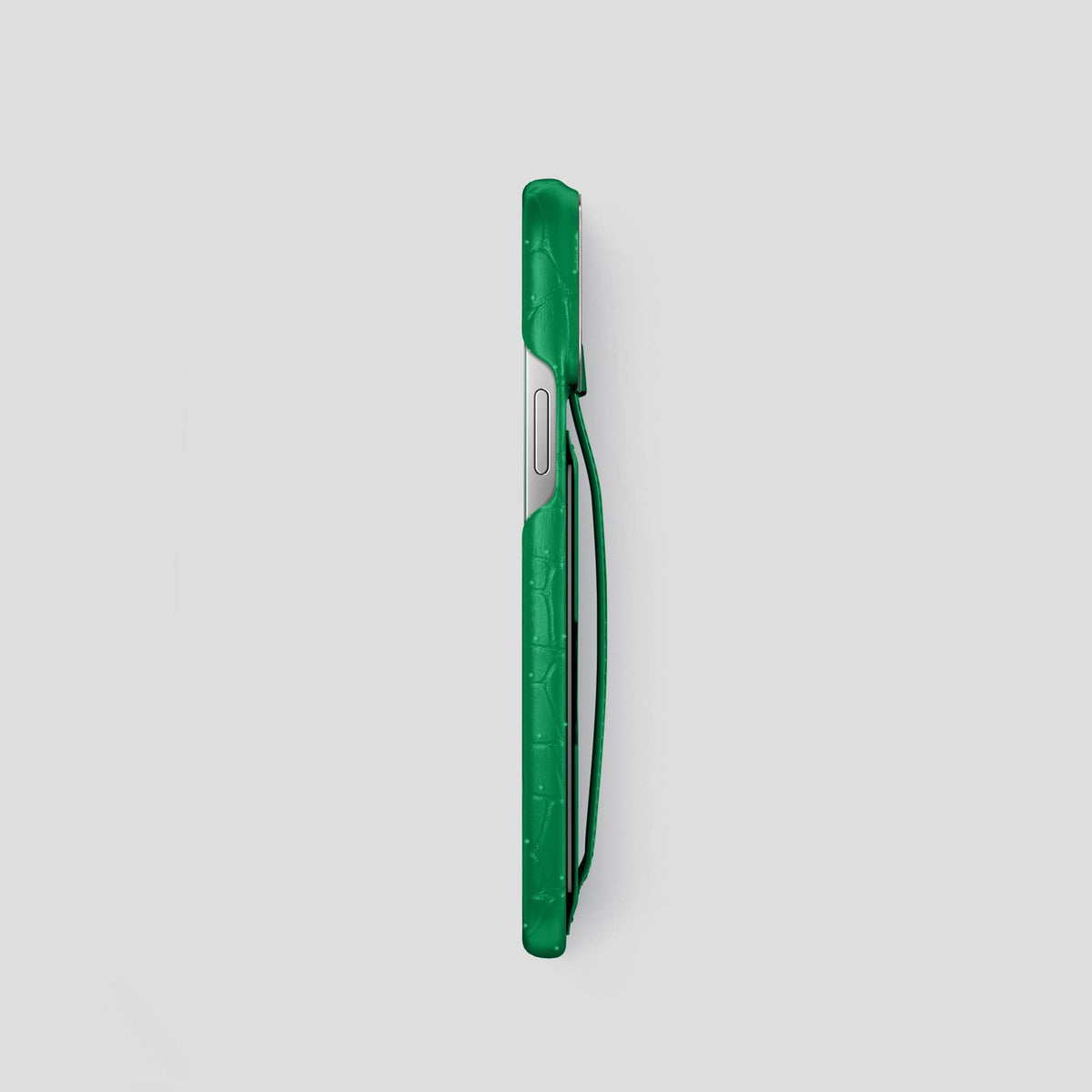 Cactus-Green iPhone 15 Pro Cardholder Strap Case Porosus Crocodile with Steel Metal -3 | Cactus-Green-Steel