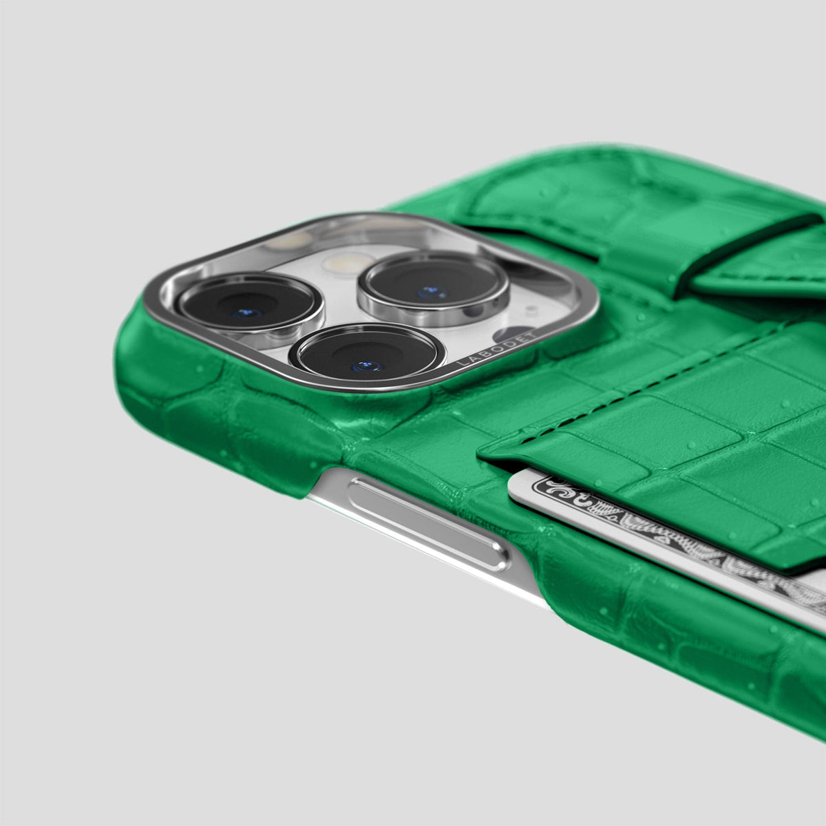 Cactus-Green iPhone 15 Pro Cardholder Strap Case Porosus Crocodile with Steel Metal -5 | Cactus-Green-Steel