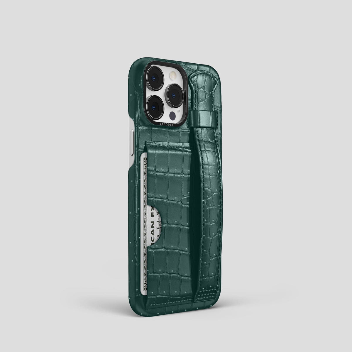 Dark-Forest iPhone 15 Pro Cardholder Strap Case Porosus Crocodile with Black Metal -2 | Dark-Forest-Black