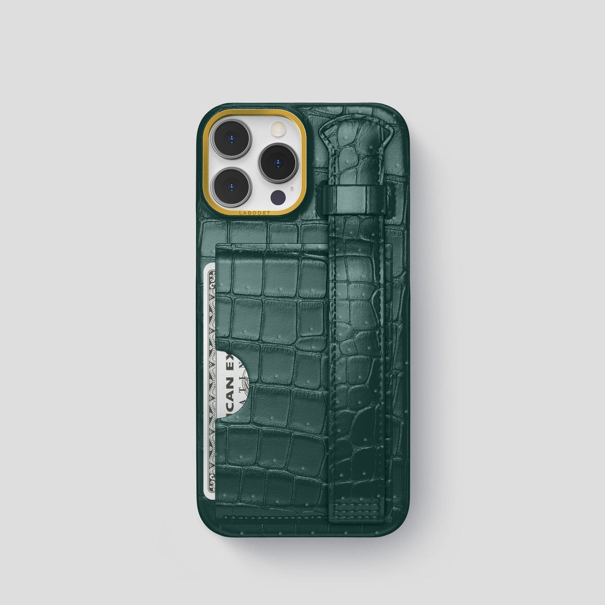 Dark-Forest iPhone 15 Pro Cardholder Strap Case Porosus Crocodile with Gold Metal -1 | Dark-Forest-Gold