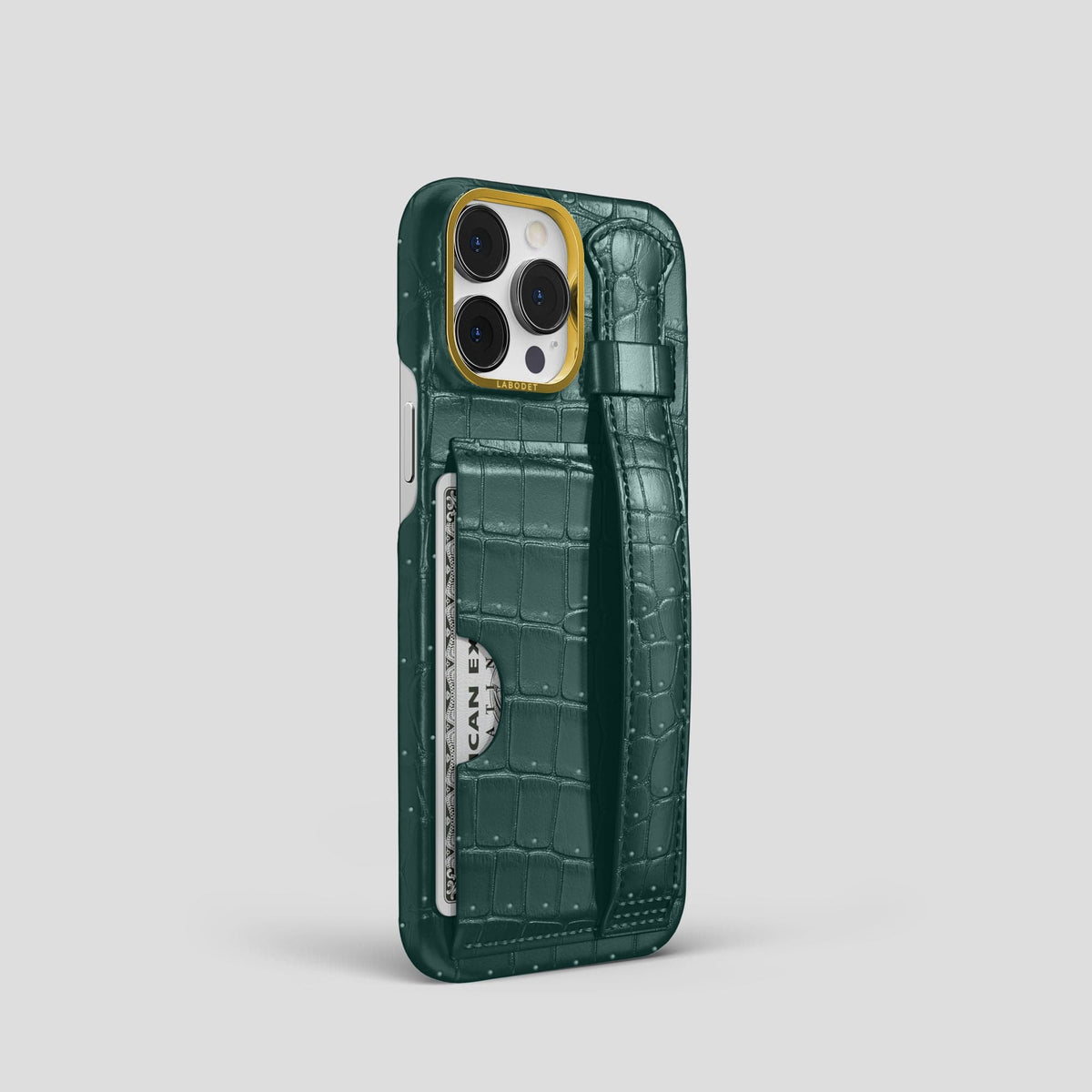Dark-Forest iPhone 15 Pro Cardholder Strap Case Porosus Crocodile with Gold Metal -2 | Dark-Forest-Gold