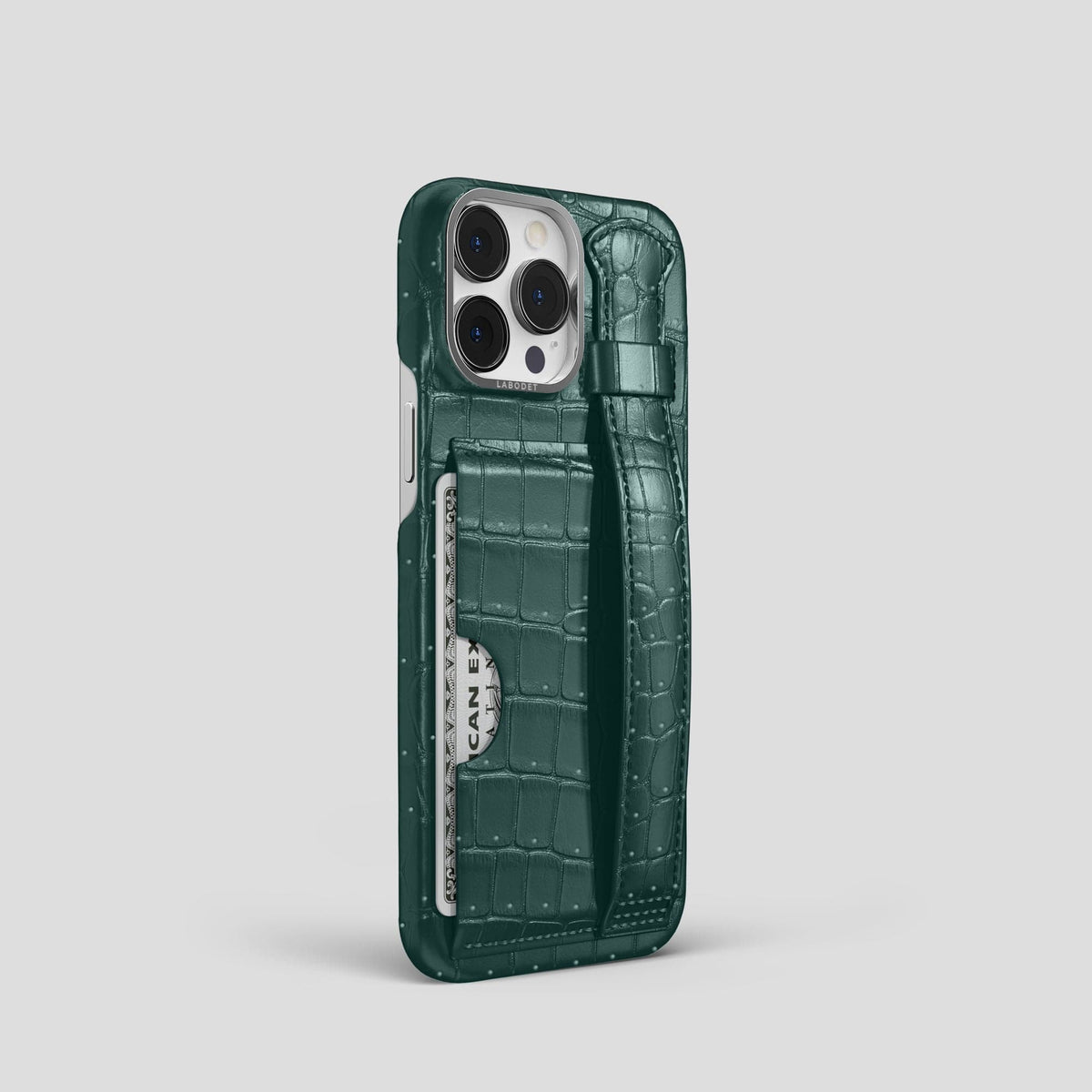 Dark-Forest iPhone 15 Pro Cardholder Strap Case Porosus Crocodile with Steel Metal -2 | Dark-Forest-Steel