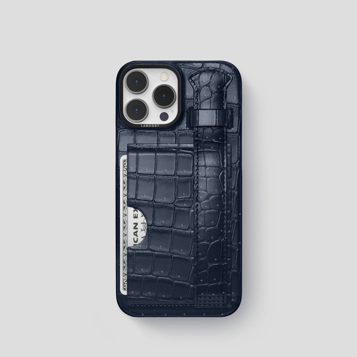 Deep Blue Sea iPhone 15 Pro Cardholder Strap Case Porosus Crocodile with Black Metal -1 | Deep-Blue-Sea-Black