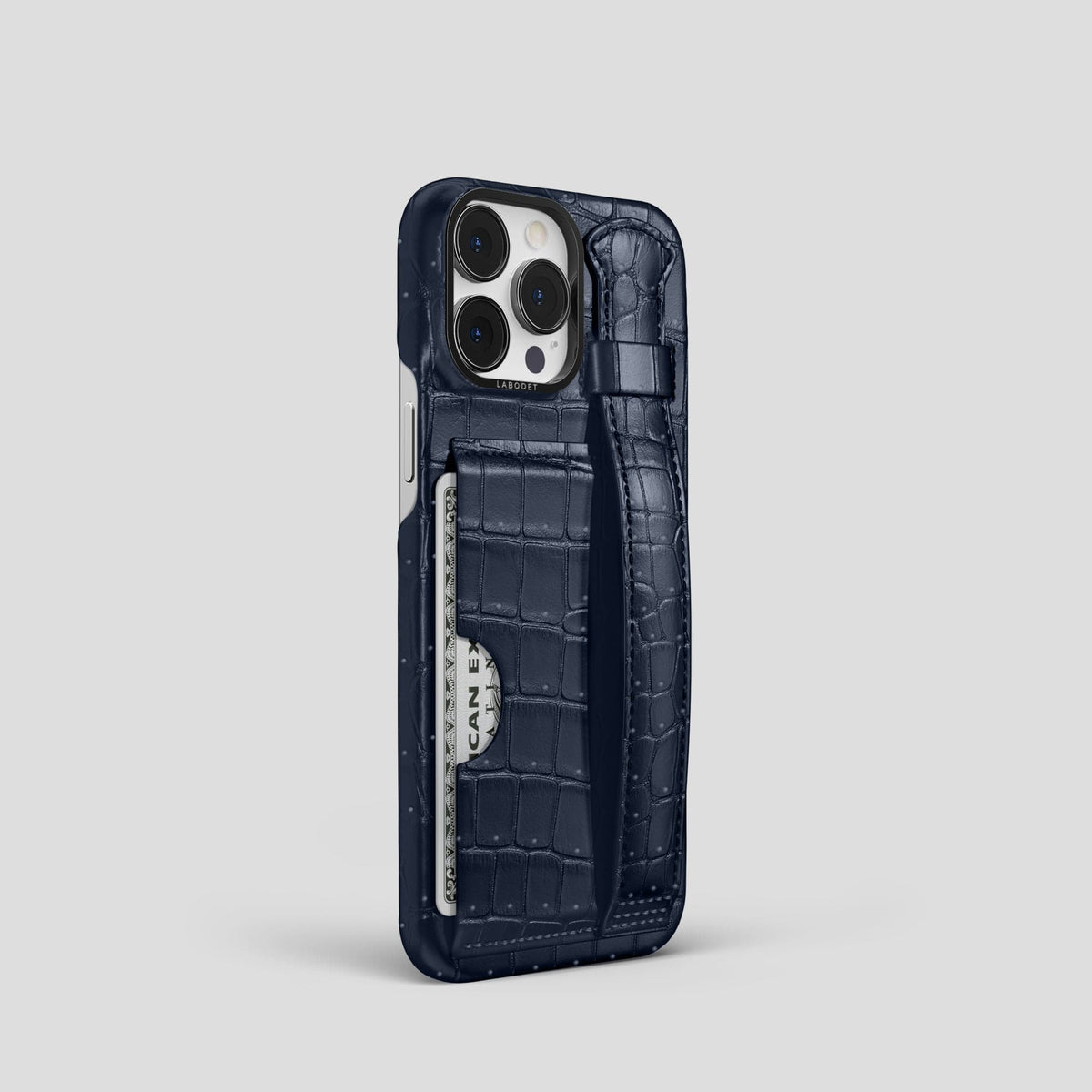 Deep Blue Sea iPhone 15 Pro Cardholder Strap Case Porosus Crocodile with Black Metal -2 | Deep-Blue-Sea-Black